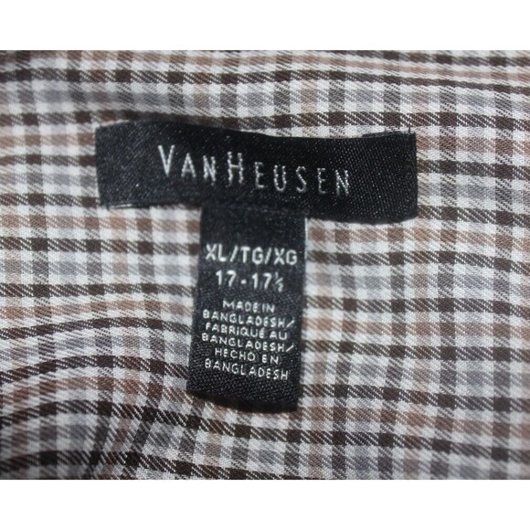 Van Heusen Men's Button Down Shirt Brown Gray Tan Ivory Check XL 17-17 1/2 - Picture 6 of 6